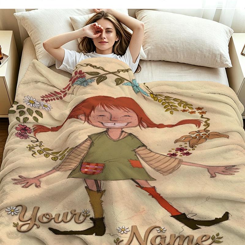 1PC Pippi Longstocking Custom Name Patterned Flannel Blanket Suitable For All Seasons for Home Decor Warmth and Comfort Gifts Holiday Present