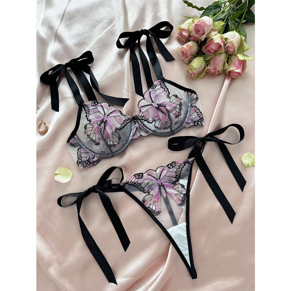 New Butterfly Embroidery Suspender Transparent Mesh Yarn Seductive Girl Sex Suit