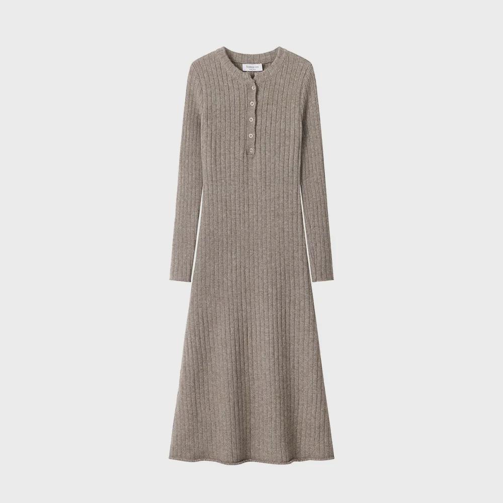 Women's Slim Fit French-Style Knit Dress - Waist-Hugging, Half-Open Collar, Solid Color, Autumn/Winter.