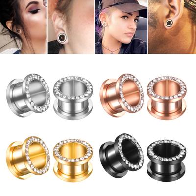 4 Pairs Ear Gauge Tunnel Earring Stainless Steel Hip Hop Punk Rhinestone
