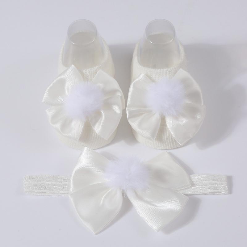 Baby Girl Princess Socks With Headband, Plush Bowknot Children's Socks Solid Color Kids Socks