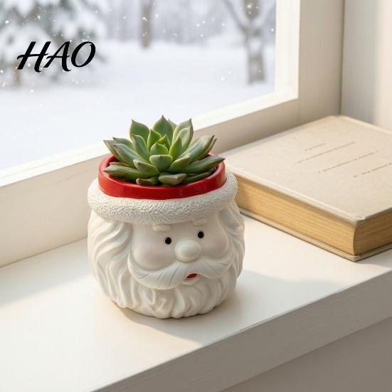 Mini Foliage Plant Container Cute Santa Claus Resin Flowerpot, Decorative Christmas Desktop Storage Organizer Planter, Hand Painted for Indoor