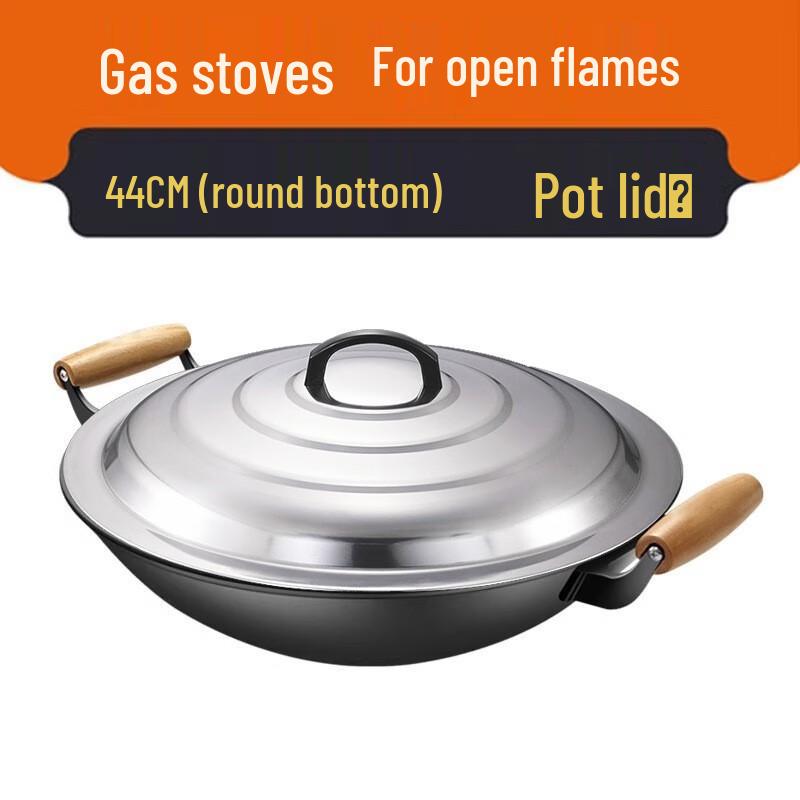 Yoshida Craftsman 44cm Traditional Double-Handle Iron Wok with Stainless Steel Lid