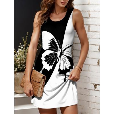Vestido Mini de Verano Casual para Mujer, Hombros Descubiertos, Sin Mangas, Cuello Redondo, Línea A, Estampado de Mariposas, Negro Blanco, Para Playa o Uso Diario