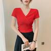 Women's Slimming Cross V-Neck Short Sleeve Cropped T-Shirt - Black Summer Outerwear