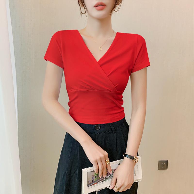 Women's Slimming Cross V-Neck Short Sleeve Cropped T-Shirt - Black Summer Outerwear