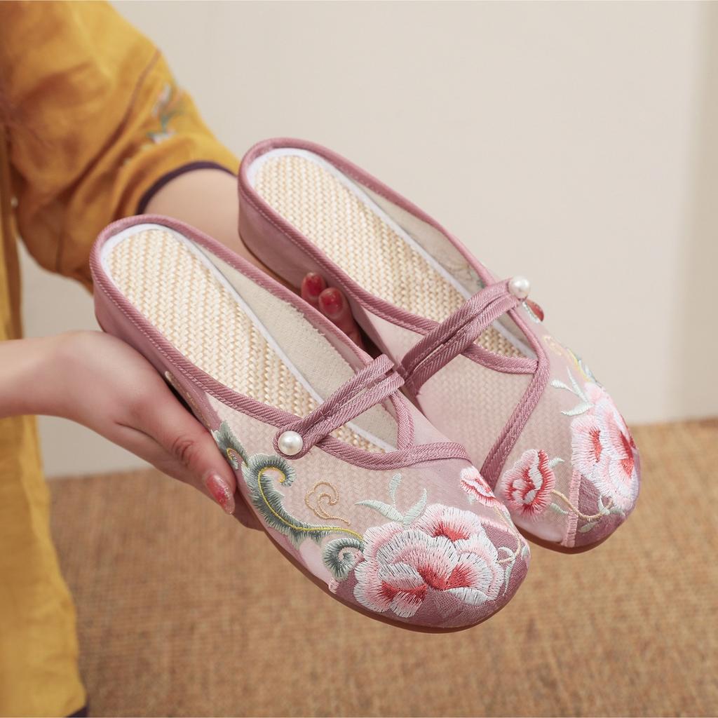 [Huarou] 2024 Summer New Products Old Beijing Embroidered Shoes Antique Embroidered Low-heeled Women's Shoes Breathable Mesh Shoes Women