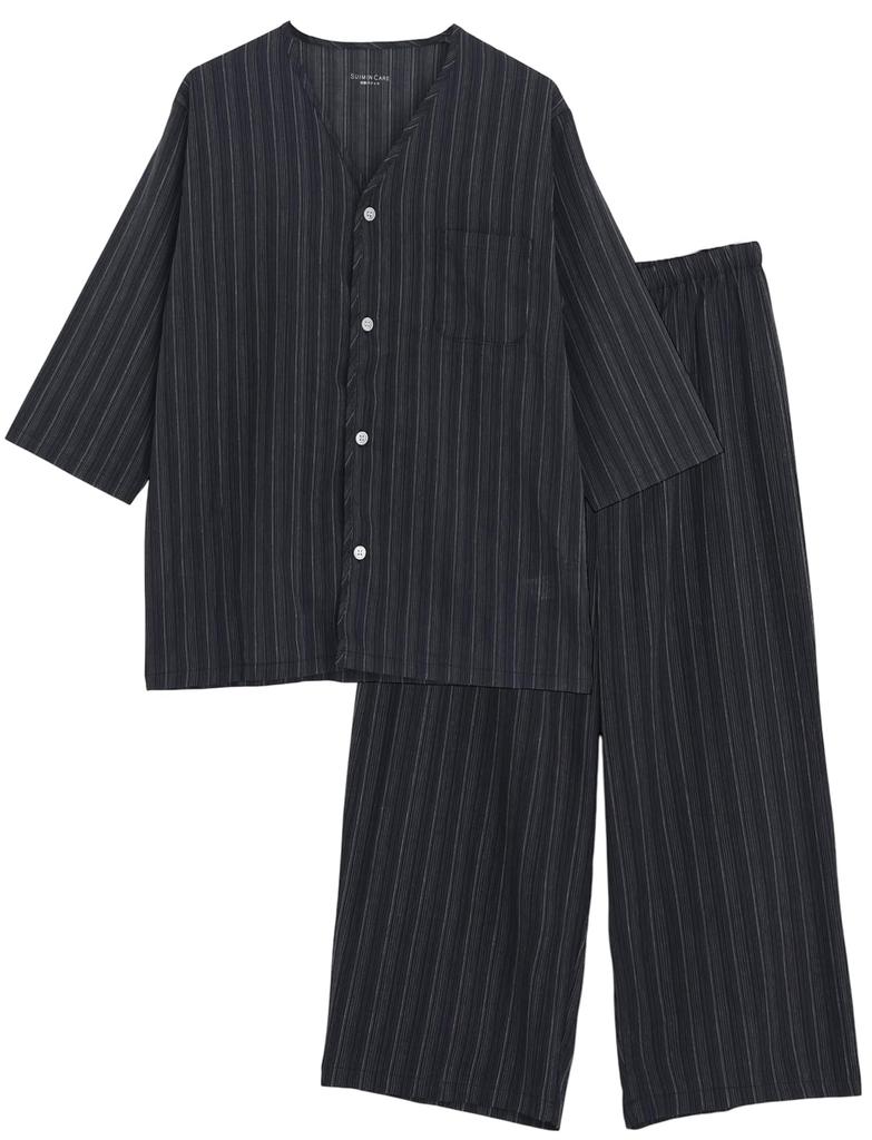 Kaituck Family Suimin Care Shijira Sizes 3L Black Men's Japanese-Made Pajamas, Yarn-Dyed Fabric, 100% Cotton, V-Neck, Black, Navy, Spring, Summer,