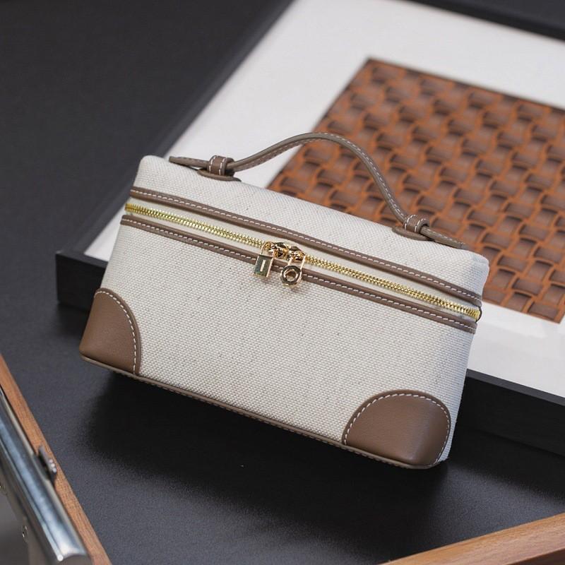 Canvas Contrast Lunch Bag Linen Vintage Genuine Leather Box Handbag Crossbody Small Size