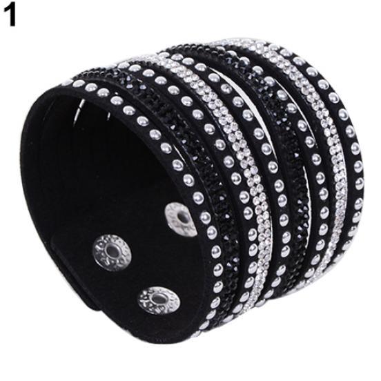 Women's Multilayer Wrap Rivet Rhinestone Suede Cuff Bangle Wristband Bracelet ADM