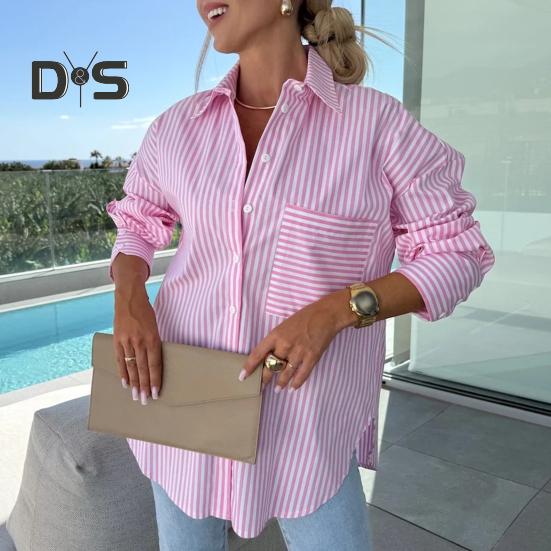 Damen-Shirt mit Revers, langen Ärmeln, gestreiftem Druck, lässige Oberteile, Knopfleiste, unregelmäßiger Saum, lockere Passform, Frühling/Herbst