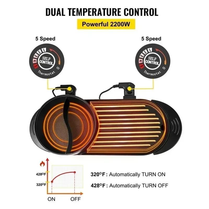 Pot Barbecue Électrique 2200W 2-en-1 Fondue et Barbecue Sans Fumée Chauffage Rapide et Uniforme Contrôle Indépendant de la Double Température