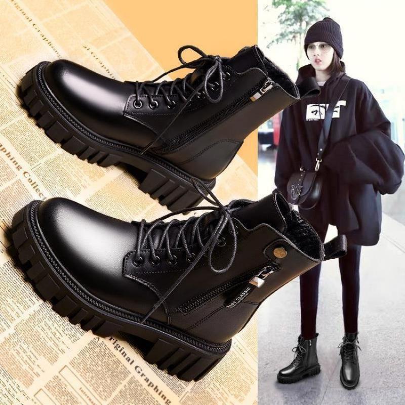 

Британские ботинки Martin 22 новые на толстой подошве с внутренней высотой маленькие ботинки бархатные тонкие короткие ботинки зима 35 чёрный