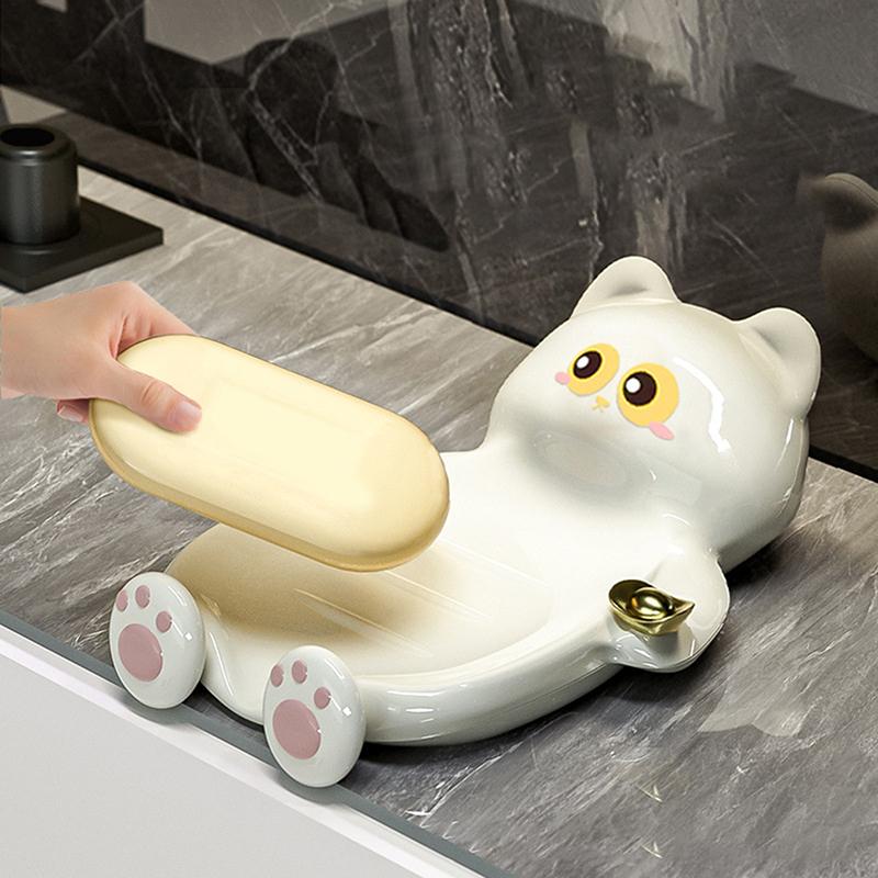 Cute Cat Lucky Soap Dish 16x9cm Plastic Drainage Tray with Anti-Slip Base for Bathroom Creative Home Decor & Feng Shui Gift