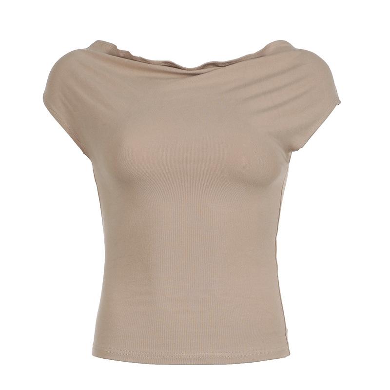 

Однотонная футболка с коротким рукавом Женская одежда Короткий приталенный топ с вырезом-лодочкой Вязаный повседневный топ Летний L