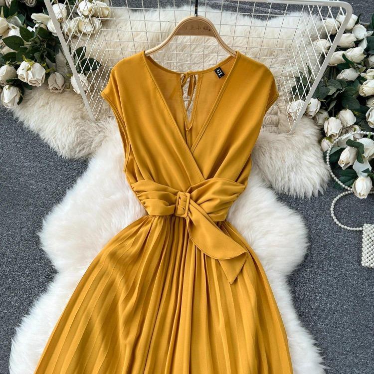 Sommer Neues Französisches Chic Maxikleid Damen V-Ausschnitt Ärmellos Schnürung A-Linie Falten Damenkleider Damen