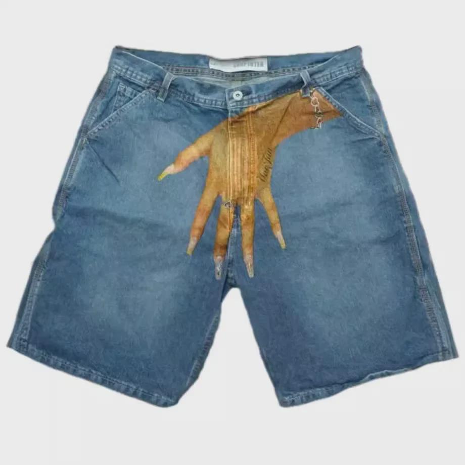 "Men's Y2K Hip-Hop Trend Pattern Denim Shorts - European and American High Street Fashion for Couples"
