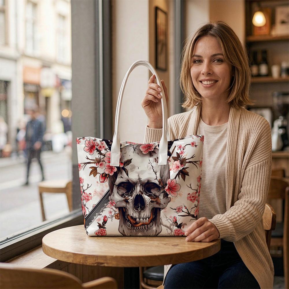Floral Skull Printed Tote Bag Fashion Daily Carry Handbag All Match Casual Shoulder Bag for Outdoor