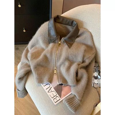 Patchwork Zipper Cropped Cardigan Women Thick Autumn Knitted Sweater Bomber Jacket Vintage Short Fitted Knitwear Coat