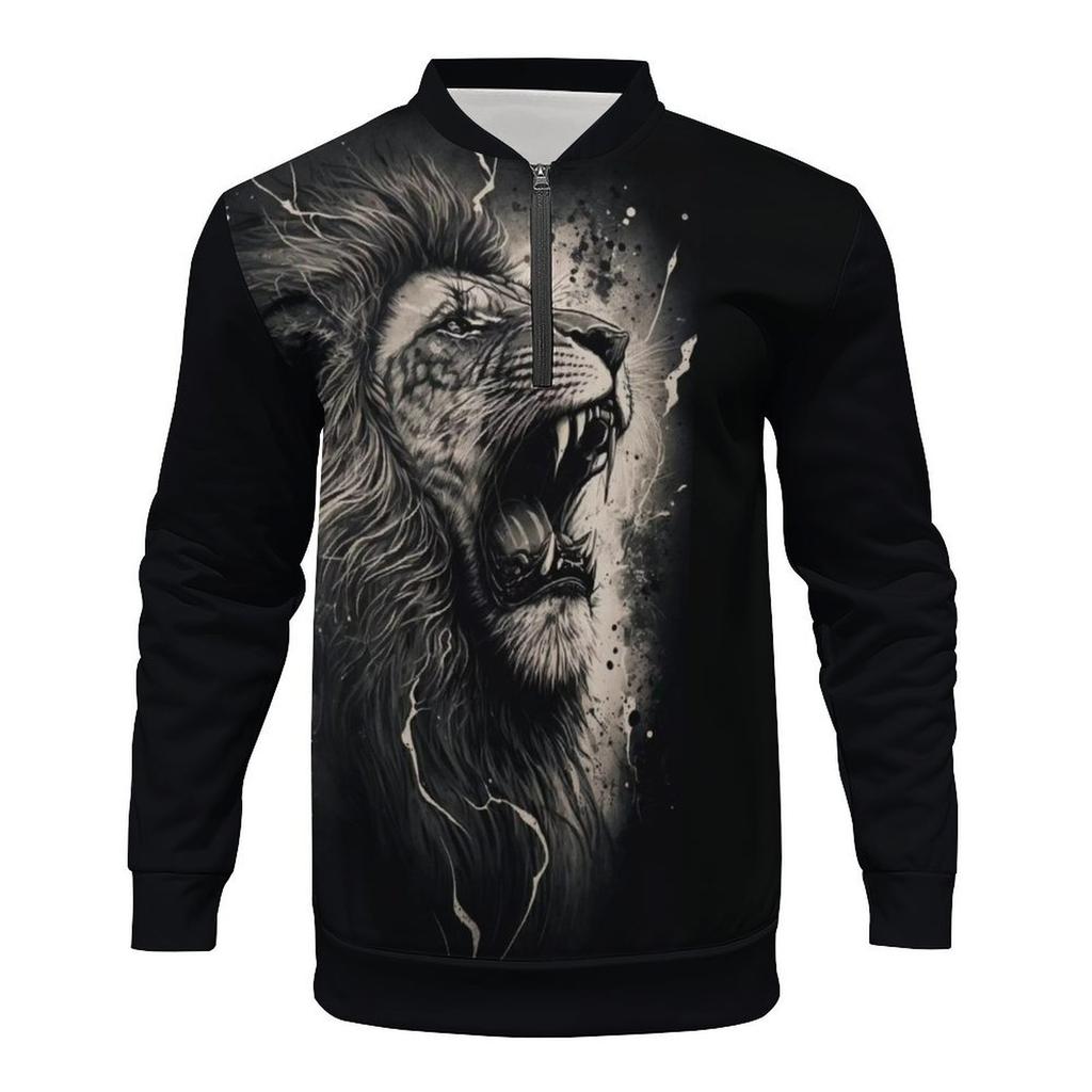 Retro High Street Half-Zip Pullover Stand Collar Oversized Casual Printed Men's Sweatshirt