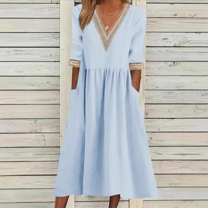 Mote V-hals Stor Størrelse Kort Erm Sommerkjole Kvinner Elegant Løs Kontor Casual A-linje Selskapsblonderkjoler Ensfarget Dame Plissert Hul Bekledning