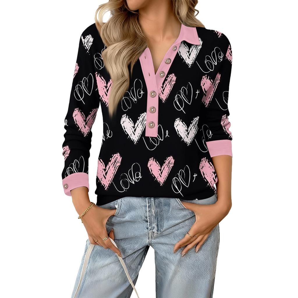 Damen Retro Street Lässiger V-Ausschnitt Langarm Knopf Valentinstag Herz Pullover Top