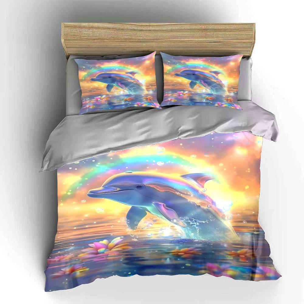 Dolphin leaping with rainbow Print Bedding Set 1 Duvet Cover 2 Pillowcases for Adult and Children Luxury Gift Full Size