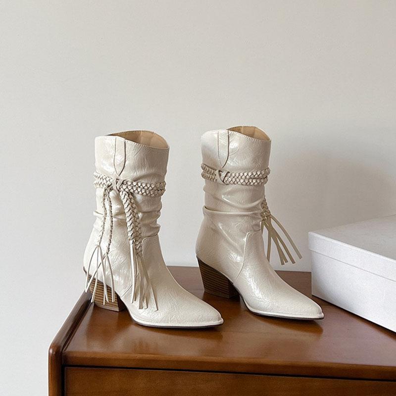

Модные осенние новые ковбойские ботинки в западном стиле для женщин с кисточками из пеньковой веревки, с острым носком, модная обувь, на толстом каблуке, ботинки до середины икры 35 бежевый