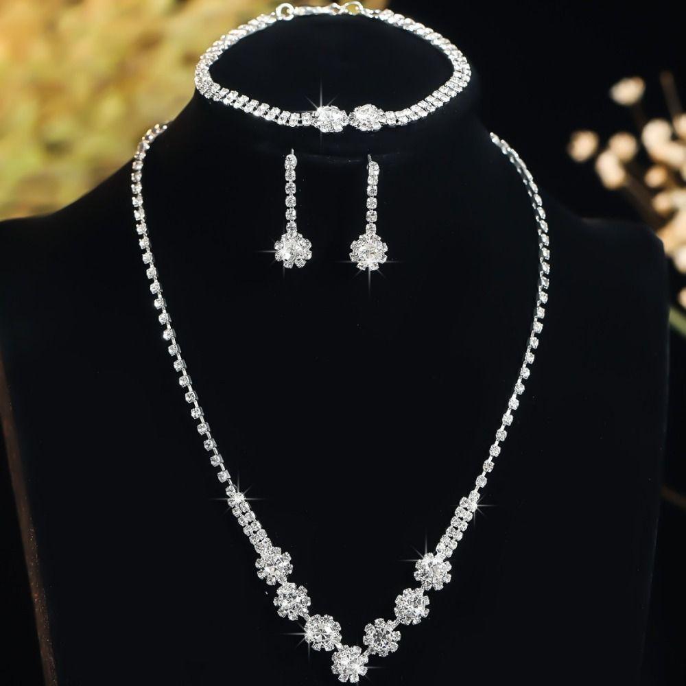 Bracelet Earrings Shining Necklace Wedding Party Rhinestone Jewelry Set  Women