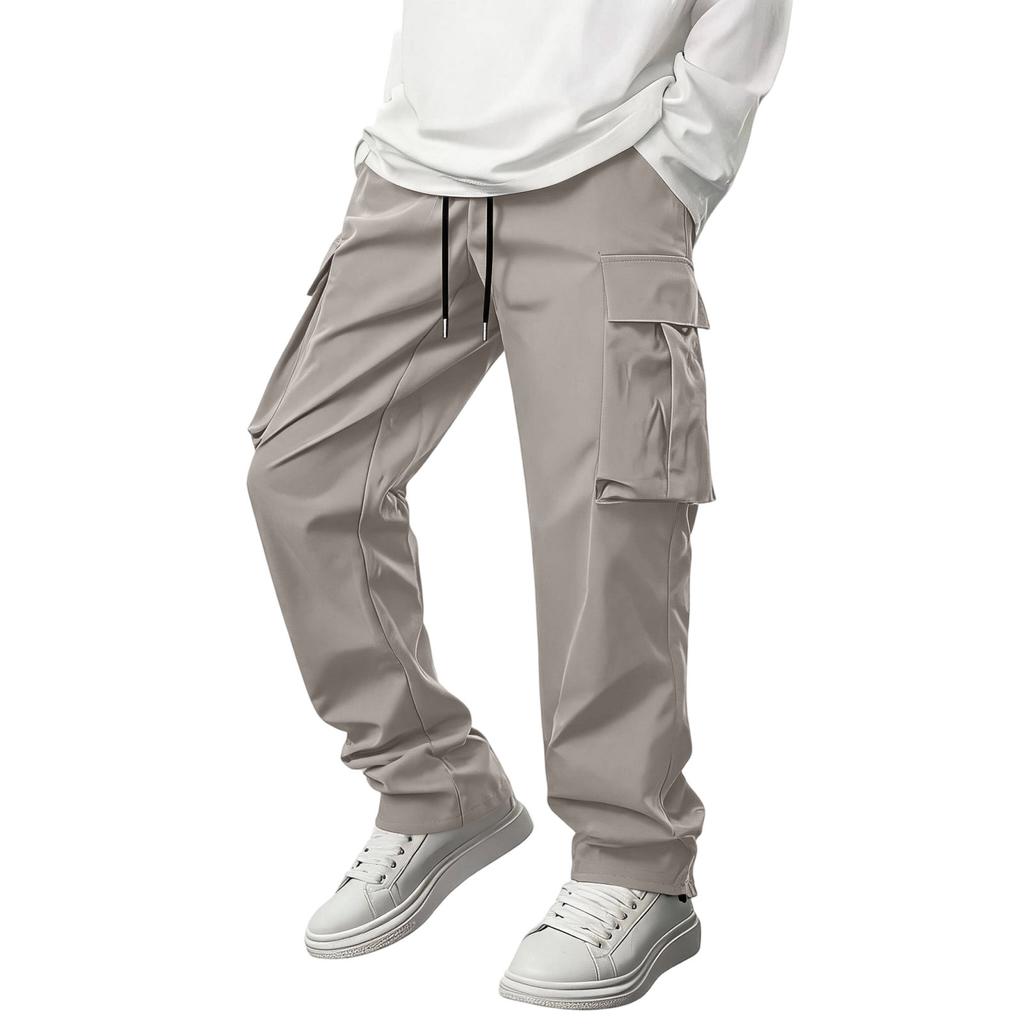 Men Casual Slim Fit Straight Leg Outdoor Multi Pocket Cargo Pants Lightweight Breathable Drawstring Waist Long Trousers