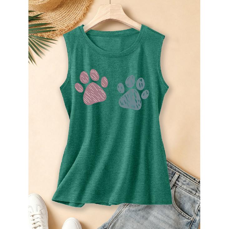 2026 Vintage Two Tone Hand Painted Paw Print Women Sleeveless Vest Round Neck Daily Commute Spring Summer Autumn Tank Top