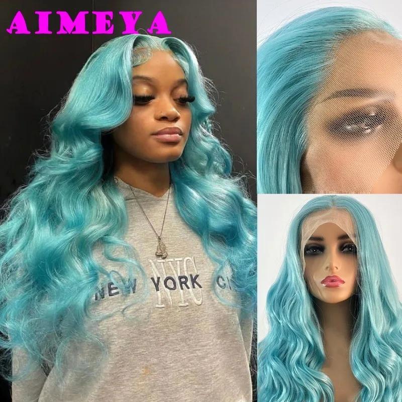 AIMEYA Light Blue Lace Wig Synthetic Long Body Wave Lace Front Wig Mint Green Heat Resistant Hair Lace Daily Use Cosplay Wig