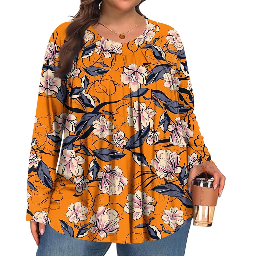 Dámská móda plus size Tištěný ležérní plisovaný top s kulatým výstřihem a dlouhým rukávem