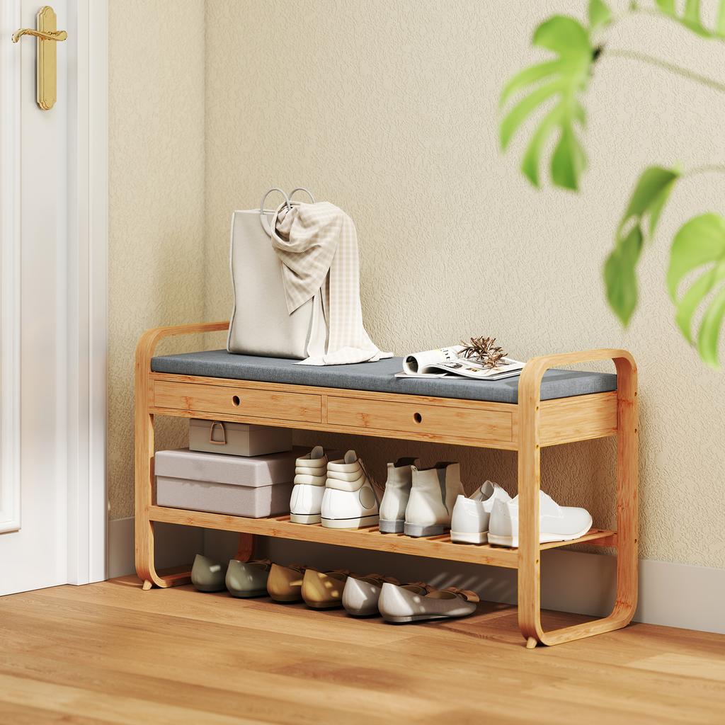 Shoe Bench With 2 Drawers Cushioned Seat Shoe Storage Bench For Hallway 105 Cm Natural And Grey