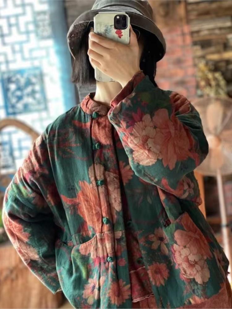 Johnature Frauen Vintage chinesischen Stil Baumwolle Kleidung Langarm Kragen lose Baumwolle Kleidung