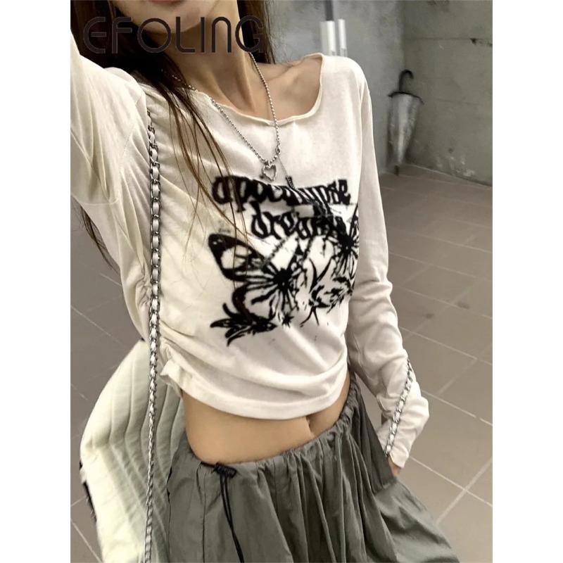 Pure Cotton American Trendy Printed Long-sleeved T-shirt for Girls Versatile Loose Korean Style Autumn Thin Bottoming Shirt Top