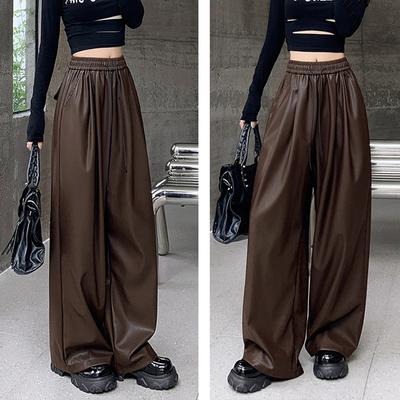 Mode Femmes Ample Jambe Large Pantalon en Cuir Automne et Hiver Nouveau PU Décontracté Cordon de Serrage Pantalon Long Femme Couleur Unie Simple Pantalon Droit 2338