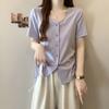 Oversized Women's Clothing Design Looks Slim Drawstring V-neck Irregular Shoulder Short Sleeved T-shirt Summer Trend