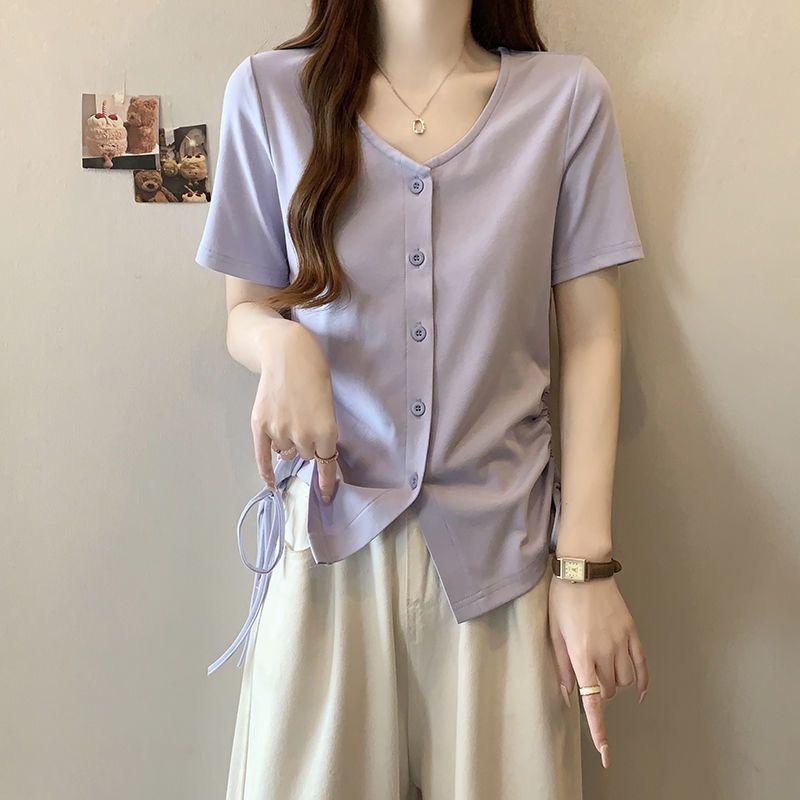 Oversized Women's Clothing Design Looks Slim Drawstring V-neck Irregular Shoulder Short Sleeved T-shirt Summer Trend