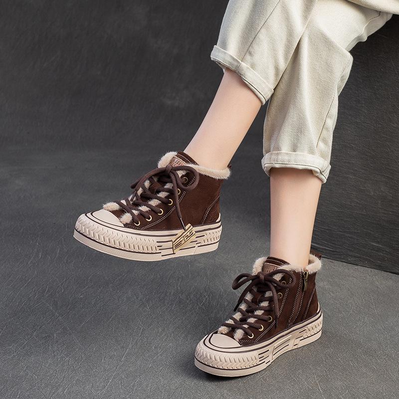 Fashion GKTINOO 4.5cm Suede Genuine Leather Ankle Booties Autumn Boot Flat Thick Sole Motorcycle Winter Plush Women Platform Wedge Shoes