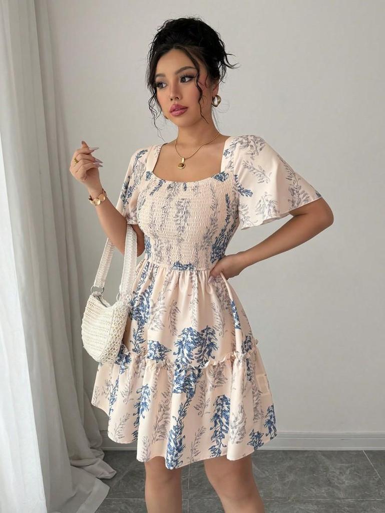 Spring 2025 Bohemian Print One-Shoulder Women's Dress with Adjustable Short Sleeves
