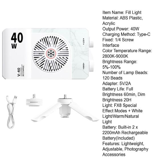 40W LED Camera Fill Light with Tripod Portable Lightweight 4400mAh Rechargeable Adjustable 1/4-Inch Thread Video Shoot Photography Handheld Fill Lamp
