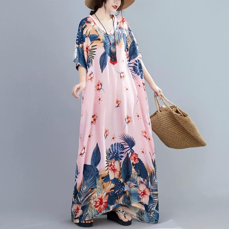 DIMANAF 2024 Plus Size Dress Women Summer V-Neck Sundress Bohemian Floral Print Loose Big Oversize Maxi Dress 214