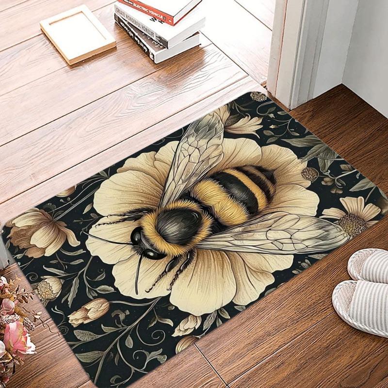 Bees and Flowers Printing Non-Slip Small Rug Waterproof Easy Clean Floor Mat for Indoor Outdoor Use Durable Home Decor Fashion