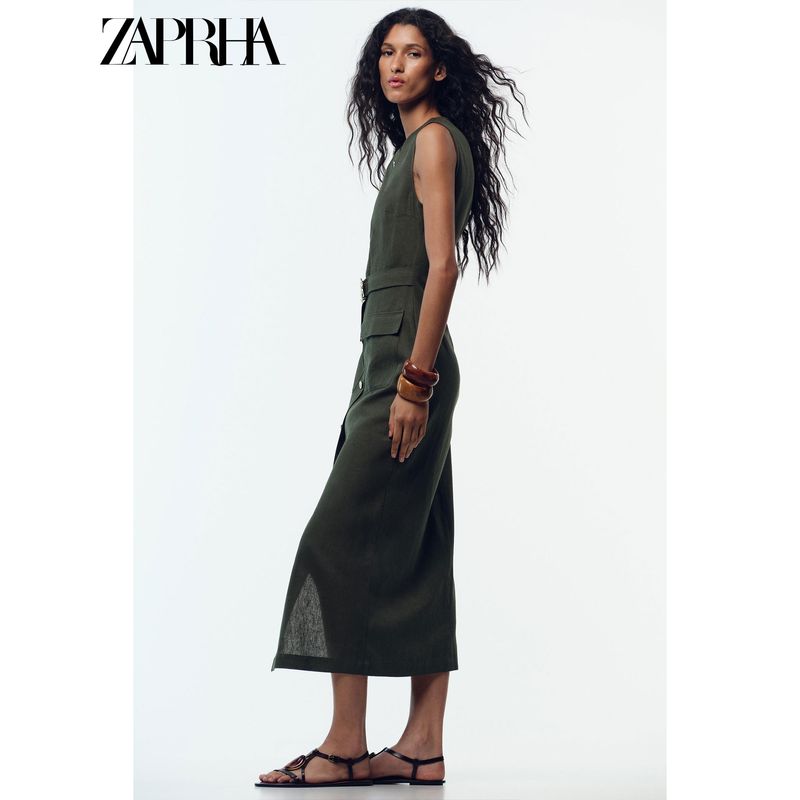 Zaprha 2025 Summer New Clamshell Linen Button Belt round Neck Sleeveless Midi Dress 8416712