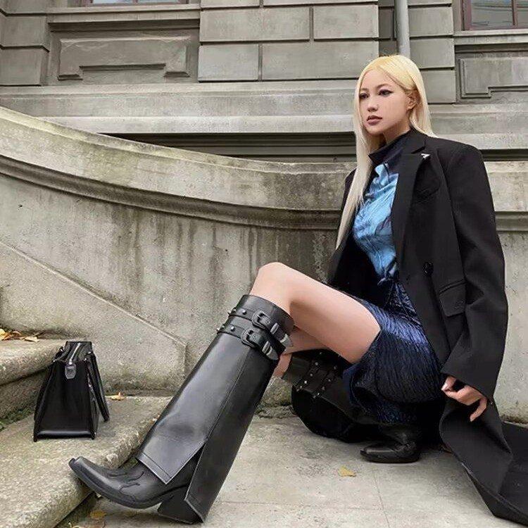 Boots Female Pointed Head Embroidered Western Cowboy Boots Leather Knight Boots High Heel Boots Big Tube Pant Tube Boots Fried Street