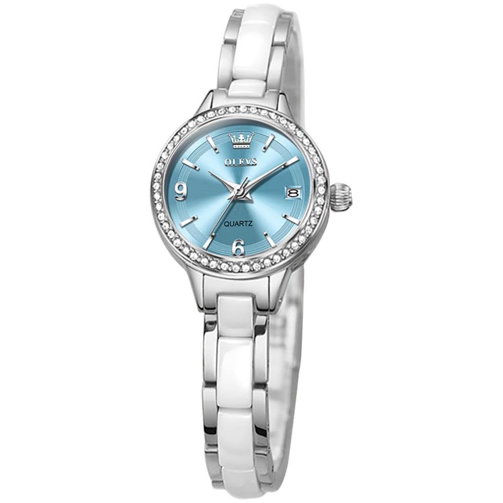 OLEVS Women s Ceramic Diamond Quartz Watch Waterproof Luminous Blue