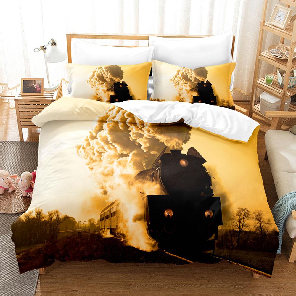 Steam Engine Duvet Cover Set Black Smoke Vintage Locomotive Train Picture King Queen Size For Kid Boy Girl Polyester Bedding Set