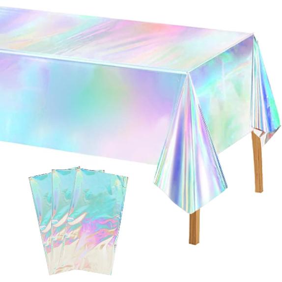 MUSSIN 3 Pack Iridescent Plastic Tablecloths, Shiny Rectangle Disposable Table Covers Iridescent Party Decoration 54" x 108"