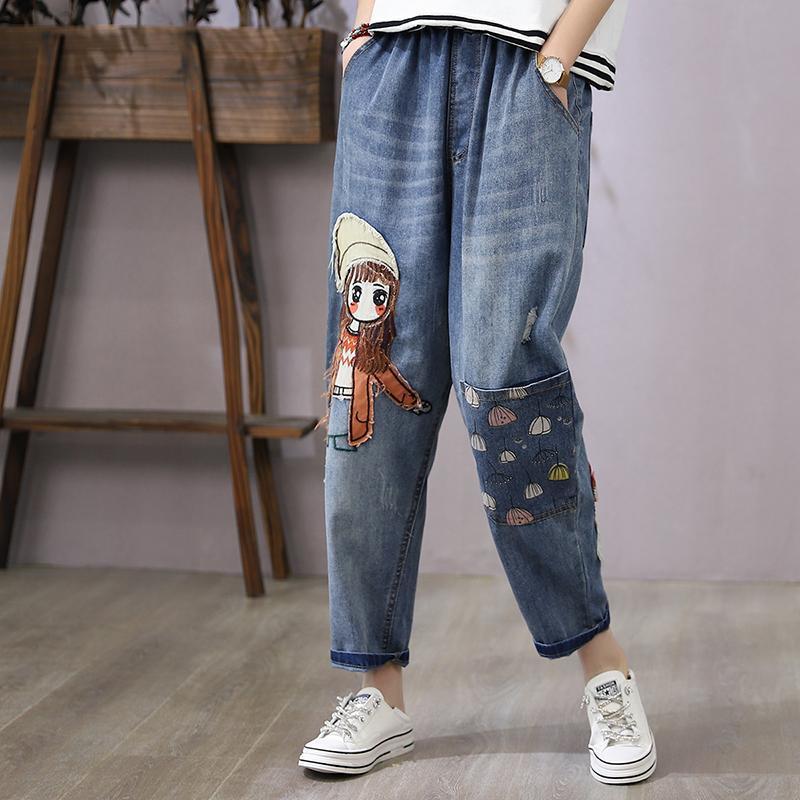 Summer Embroidery Cropped Pants Jeans Loose Slimming High Waisted Harem Pants